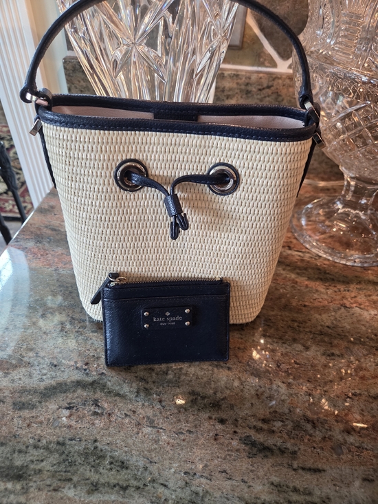 kate spade Handbags - kate spade Navy and Natural Straw Bucket Bag with Navy Card Wallet